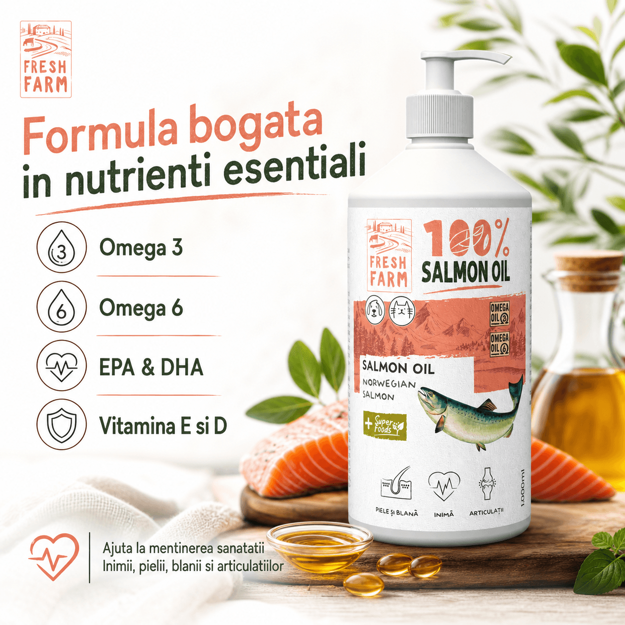 FRESH FARM Ulei de Somon, supliment piele & blană, sistem cardio-vascular câini, ulei FRESH FARM Ulei de Somon, XS-XL, supliment piele & blană, sistem cardio-vascular câini și pisici, flacon, 1l ulei - imagine 3